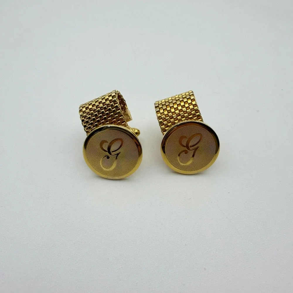 Dante Wrap Around Mesh Cufflinks Men OS Gold Monogram G Initial Vintage Round